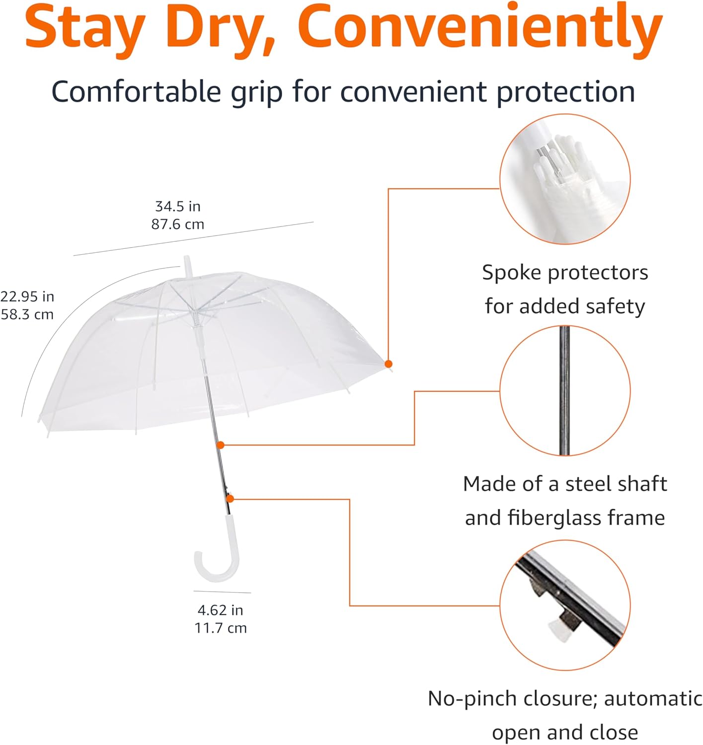 Clear Umbrella for Rain, Round Bubble Umbrella for Wedding, With Wide Coverage , Auto Open, Strong Fiberglass Frame, Steel Shaft, Spoke Protectors for Safety